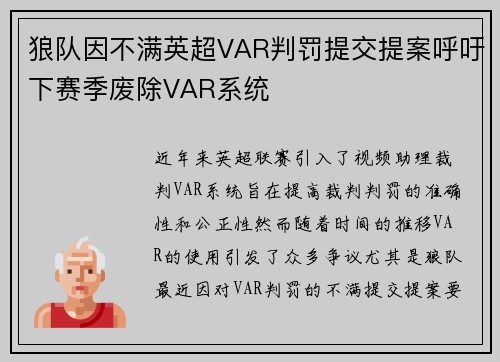 狼队因不满英超VAR判罚提交提案呼吁下赛季废除VAR系统